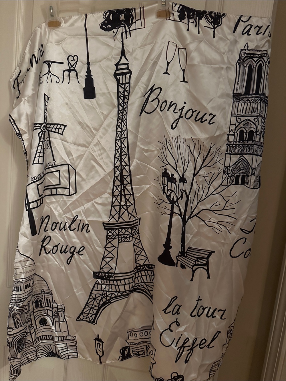 Paris Print Satin Scarf in White and Black